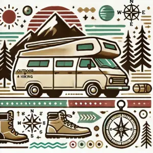 Ein Retro-Icon eines Camper-Vans mit Bergen und einem Wanderschuh daneben, umgeben von abstrakten Formen, die Outdoor-Aktivitäten und Wandern symbolisieren, mit einem transparenten Hintergrund.