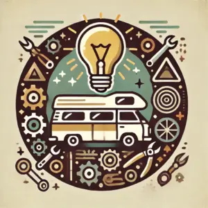 Ein Retro-Icon eines Camper-Vans mit einer Glühbirne darüber, umgeben von abstrakten Formen, die Tipps, Ideen und Kreativität symbolisieren, mit einem transparenten Hintergrund.