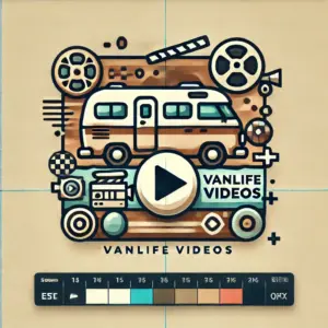 Ein Retro-Icon eines Camper-Vans mit einem Play-Button-Symbol, umgeben von stilisierten, abstrakten Formen, die Videoinhalte und Medien symbolisieren, mit einem transparenten Hintergrund.