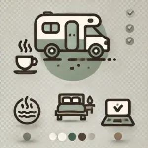 Icon für das Leben im Campervan mit einem Camper, Kaffee, Bett und Laptop