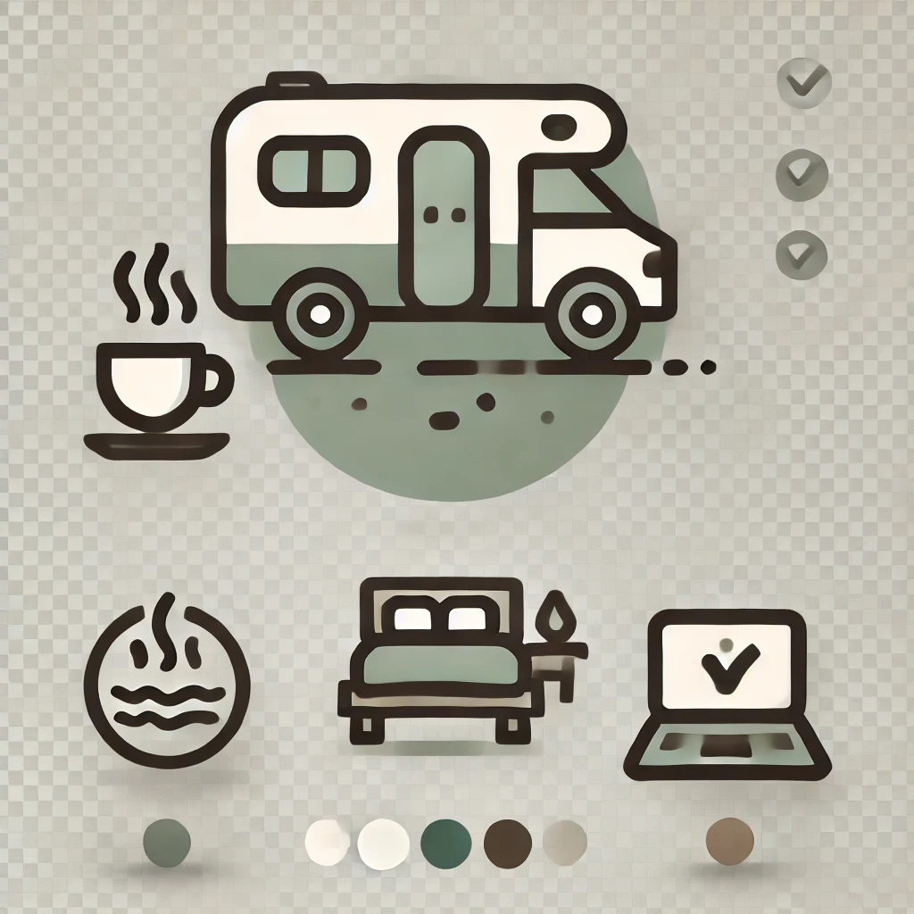 Icon für das Leben im Campervan mit einem Camper, Kaffee, Bett und Laptop