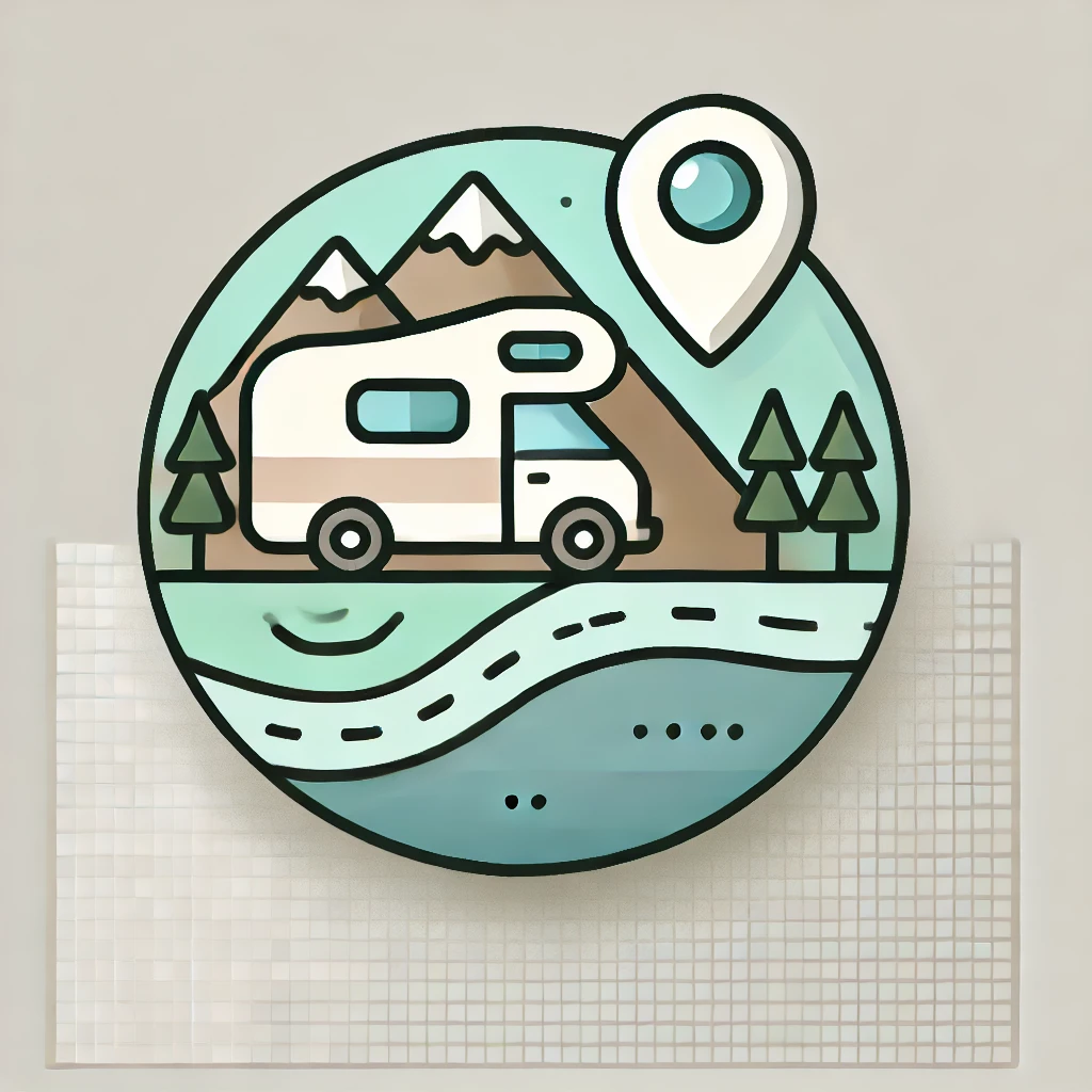 Icon für Reisen und Stellplätze mit einem Camper, Location-Pin, Straße und Bergen.