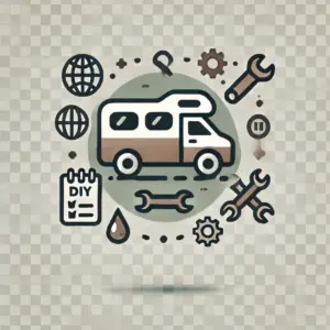 Icon für Vanlife Basics mit einem Camper, Werkzeug, Checkliste und Karte.