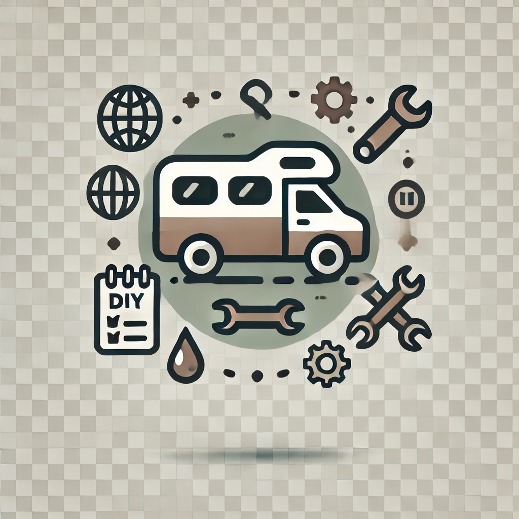 Icon für Vanlife Basics mit einem Camper, Werkzeug, Checkliste und Karte.