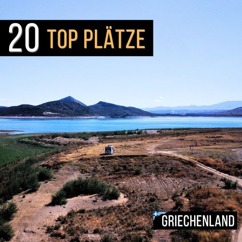 Landschaft in Griechenland am See mit Bergen im Hintergrund und Schriftzug 20 top plaetze