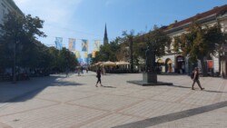 Kathy in Novi Sad bei Tag in der Fussgaengerzone Altstadt mit Blick auf Denkmal